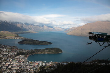 Aerial view of Queenstown and Lake Wakatipu with Bungee Jumping and the Remarkables mountain range in Queenstown  New Zealand