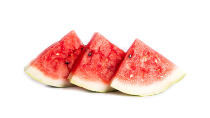 juicy ripe watermelon, berry, three slices of red watermelon isolated on white background