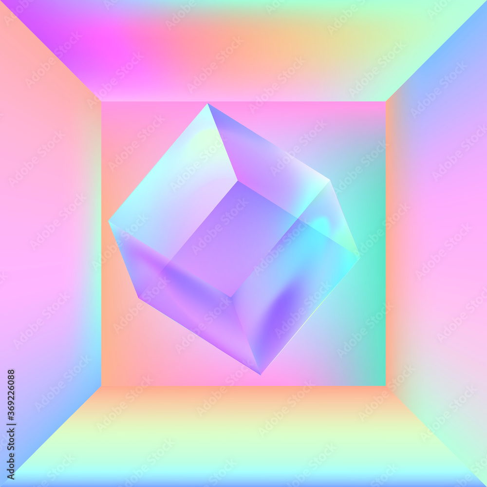 Aufkleber empty room with floating translucent cube at the centre. surreal illustration in vibrant holographic