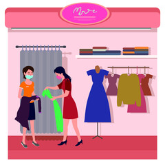 A woman buying her new dress at dress store illustration