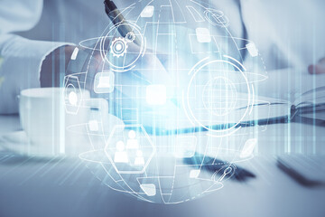 Man's hands working with notes background. Social networking scheme . Mixed media