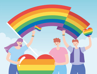 Fototapeta premium LGBTQ community, characters holding rainbow heart and flags, gay parade sexual discrimination protest