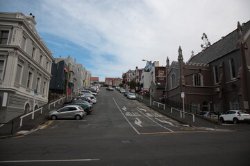 Winter view of Dunedin city center residential houses in the South Island of New Zealand
