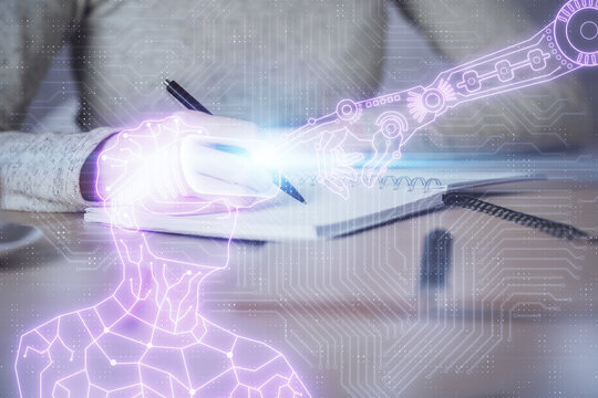 AR hologram over hands taking notes background. Concept of augmented reality. Double exposure