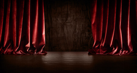 Dark stage scene with red curtain
Dark empty stage scene with red velvet curtain. Horizontal...
