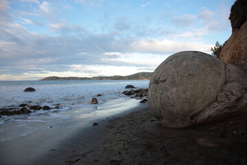 Winter View of Moeraki Boulders during Sunset in Koekohe beach South Island of New Zealand