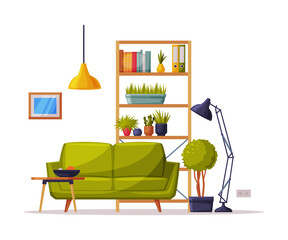 Modern Cozy Room Interior Design, Bookcase, Sofa Comfy Furniture and Home Decoration Accessories Vector Illustration on White Background