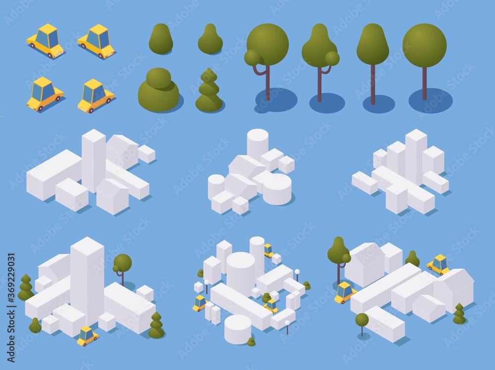 Poster city minimalist creation set with trees and cars. white buildings in simple style with shadows. 3d i