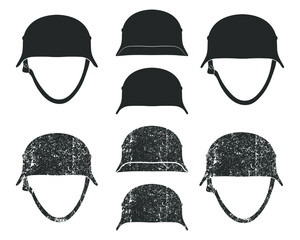 WW2 german style war helmet silhouette symbol. WWII steel helmet logo icon. Vector illustration image. Isolated on white background.