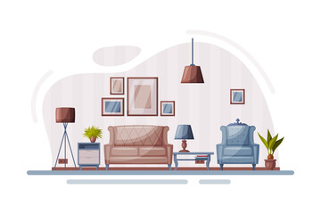 Modern Room Interior Design, Cozy Apartments with Comfy Furniture and Home Decor in Trendy Style, Sofa, Armchair, Coffee Table Vector Illustration