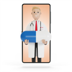 Male doctor with a big blue tablet in the smartphone screen. 3D illustration in cartoon style.