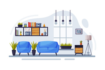Modern Room Interior Design, Cozy Apartments with Comfy Furniture and Home Decor, Bookcase, Sofa and Armchair in front of Window Vector Illustration