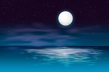 The ocean or sea. Sky with clouds and reflection of light in the water surface, romantic fantasy on the background of a natural scene. Cartoon illustration