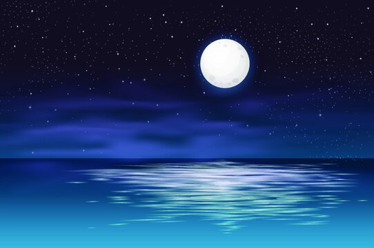 The ocean or sea. Sky with clouds and reflection of light in the water surface, romantic fantasy on the background of a natural scene. Cartoon vector illustration