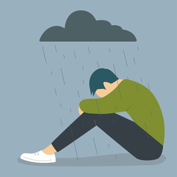 Sad man character sitting under the rain. Overcast weather. Emotions. Solitude concept. Flat editable vector illustration, clip art