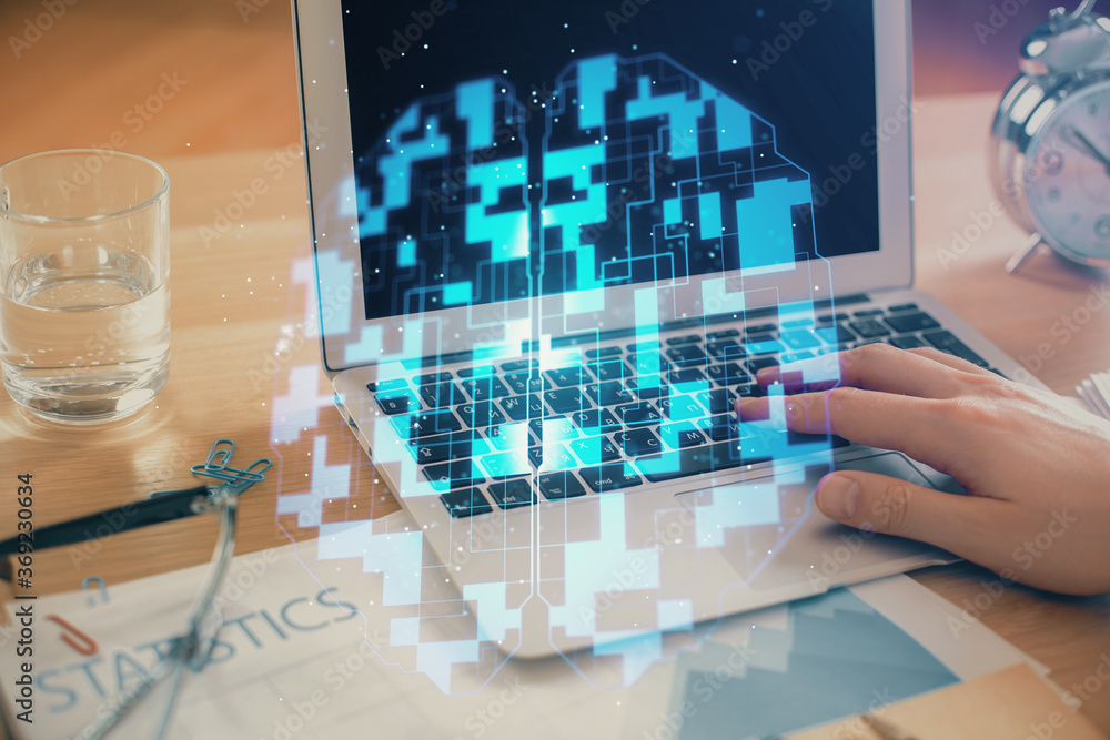 Poster businessman with computer background with technology theme hologram. concept of big data. double exp