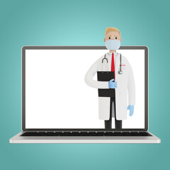 Laptop screen with male doctor. Online health insurance concept. The doctor holds the contract. 3D illustration in cartoon style.