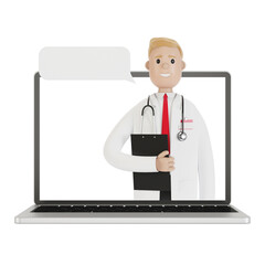 Laptop screen with male doctor. Online health insurance concept. The doctor holds the contract. 3D illustration in cartoon style.