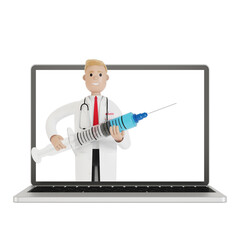 Male doctor with a big syringe in the laptop screen. 3D illustration in cartoon style.