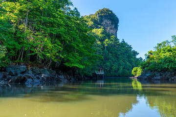 Obraz premium Wonderful natural landscape of Asia. View from the wide river to the forest and the mountain