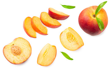 peach fruits with green leaf and slices isolated on white background. top view