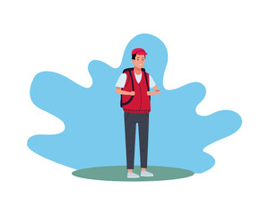young tourist man with travel bag character