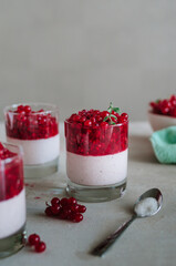 Delicious italian pana cotta with ripe red currant. Fresh healthy dessert in glass with bright berries and mint leaves. Fragrant pannacotta on the table