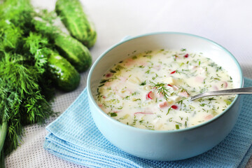 Okroshka - traditional Russian cold soup with fresh cucumber, boiled eggs and dill