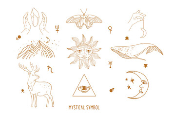 Mystical symbols, astrology, ethnic set, magic on an isolated background. the concept of celestial bodies, magic. Lines. Vector.