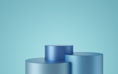 Empty blue cylinder podium on blue background. Abstract minimal studio 3d geometric shape object. Mockup space for display of product design. 3d rendering.