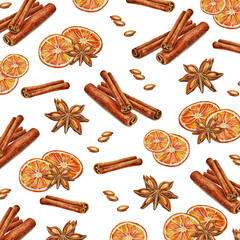Fototapeta na wymiar Watercolor pattern of spices: dried orange, cinnamon sticks and star anise.