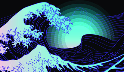 View on the ocean's crest leap. Vaporwave Pop Art style illustration for wall poster, cover, fashion print.
