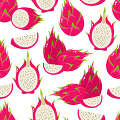 Vector seamless pattern of exotic dragon fruit isolated on white.