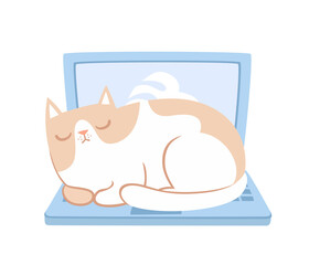 Vector illustration of cut cats lying on laptop on white.