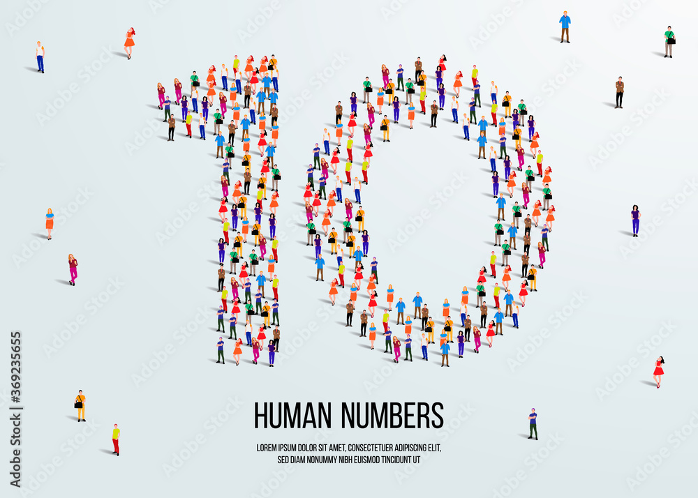 Fototapete large group of people form to create number 10 or ten. people font or number. vector illustration of