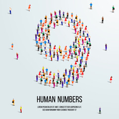 large group of people form to create number 9 or nine. people font or number. vector illustration of number 9.