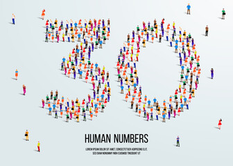 large group of people form to create number 30 or thirty. people font or number. vector illustration of number 30.