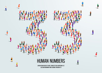 large group of people form to create number 33 or thirty three. people font or number. vector illustration of number 33.