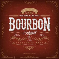 Vintage Bourbon Label For Bottle/ Illustration of a vintage design elegant whisky label, with crafted lettering, specific product mentions, textures and celtic patterns, on blue and gold background