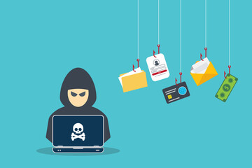 Hacker with laptop computer stealing confidential data, personal information and credit card detail. Hacking concept.