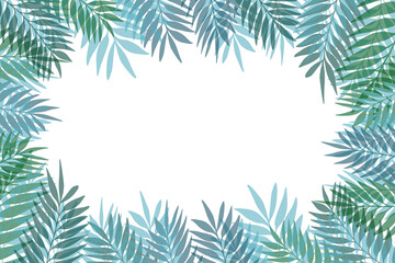 Fototapeta na wymiar Floral frame with colorful exotic branches on white background. Ornate border with tropic leaves. Vector stock illustration for wallpaper, posters, card. Doodle style. Copy space.