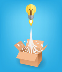 Think outside the box business concept, Paper art style of light bulb floating out of the box on blue background