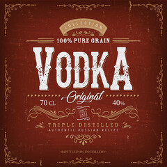 Vintage Vodka Label For Bottle/ Illustration of a vintage design elegant vodka label, with crafted lettering, specific 100% pure grain product mentions, textures and hand drawn patterns - 369236048