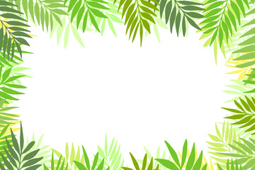 Floral frame with colorful exotic branches on white background. Ornate border with tropic leaves. Vector stock illustration for wallpaper, posters, card.  Doodle style. Copy space.