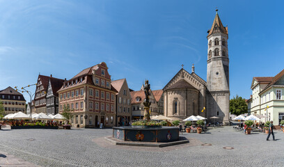 panorama view of the market square in Schwaebisch Gmuend with the Marienbrunnen fountain and church