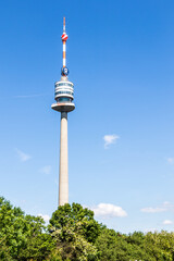 View on the Television and Communication Tower ger.: Donauturm in Danube Park in Donau City, Vienna, Austria, Europe