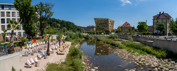 the Rems River with the Forum Gold und Silber building in Schwaebisch Gmuend