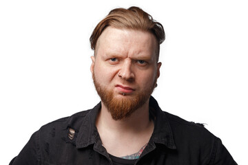 Image of bearded dissatisfied man in black jeans jacket