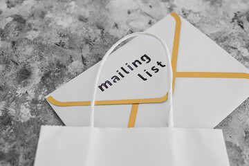 online sales, Mailing List email envelope icons with white shopping bag