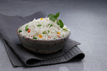 Cooked Basmati rice in a bowl. Indian Basmati rice is known for aroma and taste.  